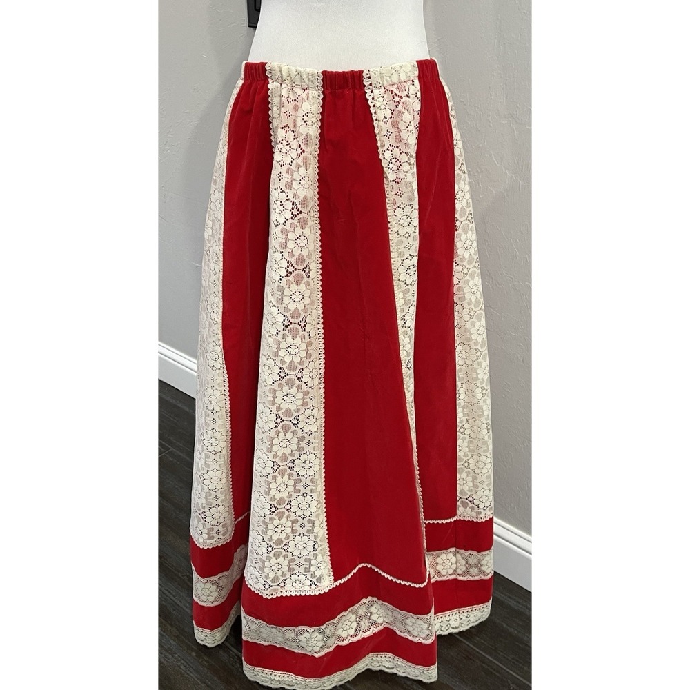 70s Red Velveteen Lace Prairie Revival Skirt Christmas Mrs. Claus Festival READ
